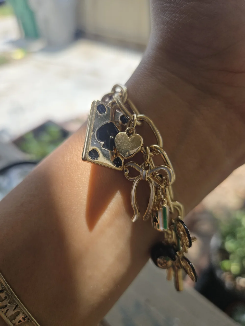 Gold Charm Bracelet with Pink & Green Accents - Women's Fashion Bracelet